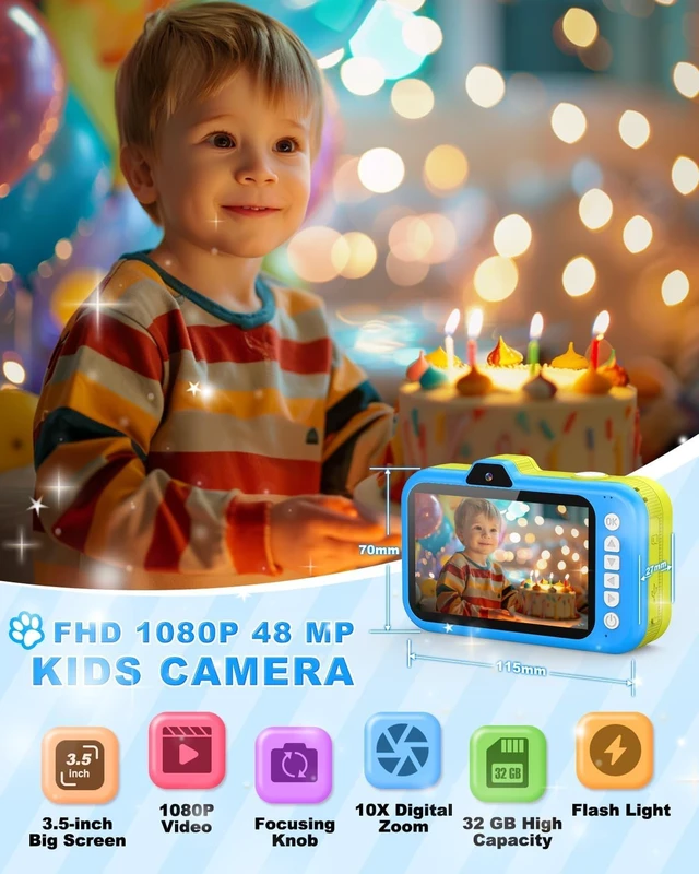 Alt view image 3 of 7 - Kids Camera, 1080P 48MP Front Selfie Toddler Camera, 3.5 inch Big Screen Toy Camera, 10X Zoom in Chritmas Birthday Gift Cameras for Kids Boys Girl Age 2 3 4 5 6 7 8 9 10 11 12, Blue