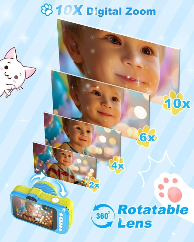 Alt view image 5 of 7 - Kids Camera, 1080P 48MP Front Selfie Toddler Camera, 3.5 inch Big Screen Toy Camera, 10X Zoom in Chritmas Birthday Gift Cameras for Kids Boys Girl Age 2 3 4 5 6 7 8 9 10 11 12, Blue