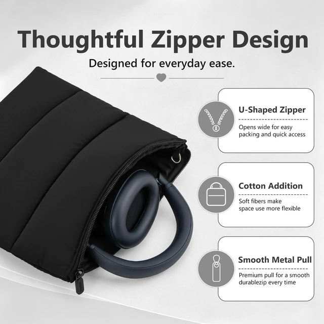 Alt view image 2 of 6 - NOVA Headphones Puffy Pouch, Compatible with Bose QC Ultra/45, JBL Tune 710BT, Sony WH-CH720N, Headset Carrying Bag, Soft Travel Pouch Case for Over-Ear Headphones (Black)
