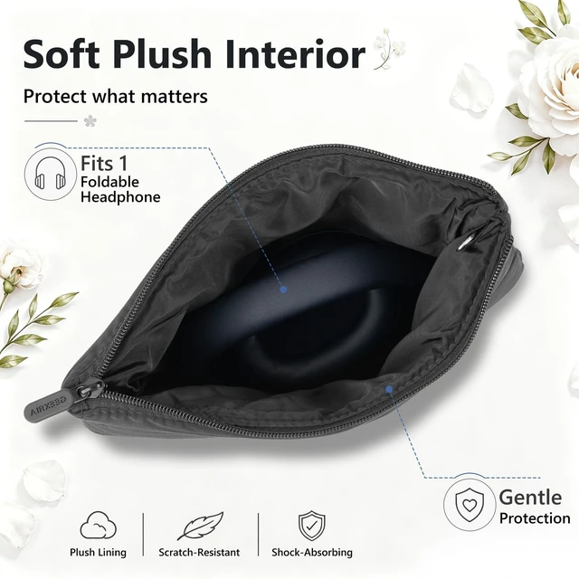 Alt view image 3 of 6 - NOVA Headphones Puffy Pouch, Compatible with Bose QC Ultra/45, JBL Tune 710BT, Sony WH-CH720N, Headset Carrying Bag, Soft Travel Pouch Case for Over-Ear Headphones (Black)