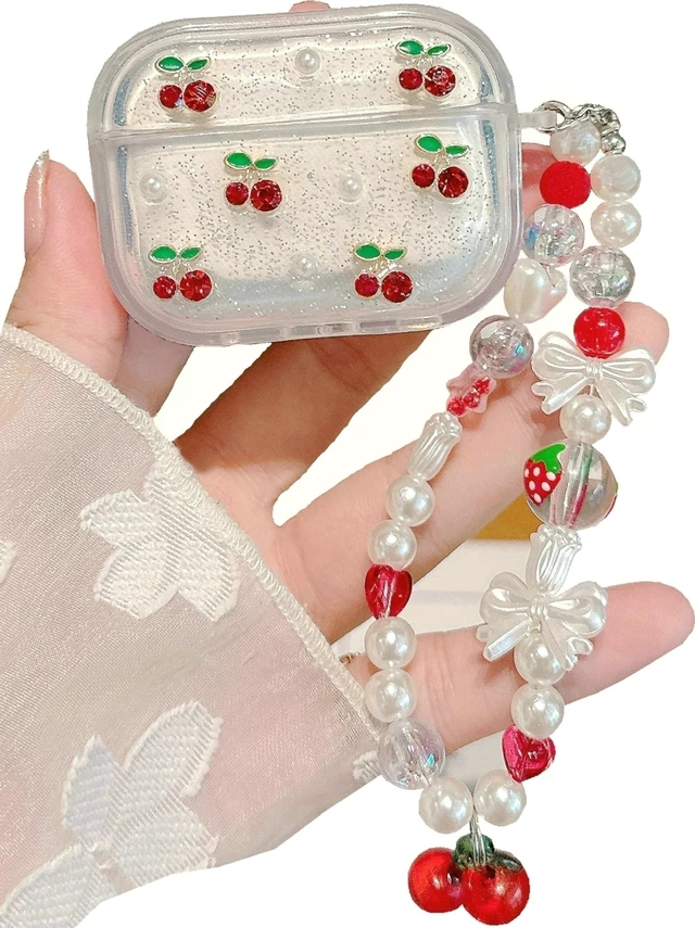 Main image of 3D Cherry Case with Keychain for AirPods Pro 3,Clear Diamonds Aesthetic Shockproof Cover with Cute Pearl Strap for Women Girls Protective Cover