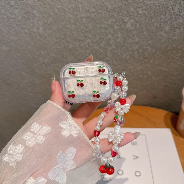 Alt view image 2 of 7 - 3D Cherry Case with Keychain for AirPods Pro 3,Clear Diamonds Aesthetic Shockproof Cover with Cute Pearl Strap for Women Girls Protective Cover