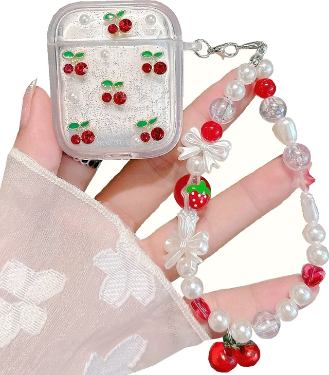 Main image of 3D Cherry Case with Keychain for AirPods 2/1 Generation,Clear Diamonds Aesthetic Shockproof Cover with Cute Pearl Strap Keychain for Women Girls Protective Cover