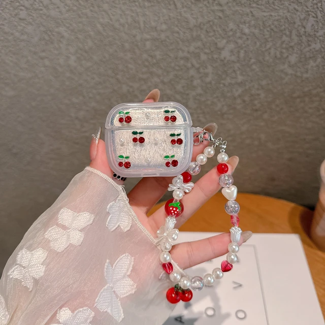 Alt view image 2 of 7 - 3D Cherry Case with Keychain for AirPods 3, Clear Diamonds Aesthetic Shockproof Cover with Cute Pearl Strap for Women Girls Protective Cover