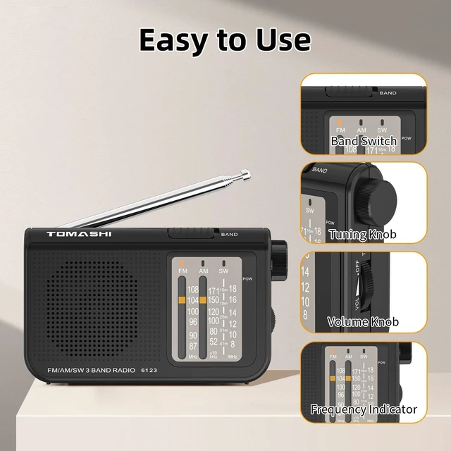 Alt view image 5 of 7 - AM FM SW Portable Transistor Radio, Battery Operated Radio Large tuning knob with a telescopic antenna and earphone jack. Compact vintage radio for seniors, travel and emergencies