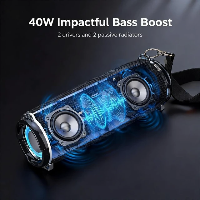 Alt view image 7 of 7 - 20W Loud Ourdoor Speaker with Strap, IPX5 Waterproof Portable Boombox 12H playtime, Deep base, Travel Bluetooth speaker,FM radio, TF/ USB/TWS. Ideal rugged gift for men, beach, golf,blue