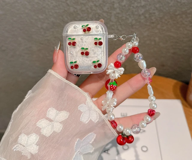 Alt view image 2 of 7 - 3D Cherry Case with Keychain for AirPods 2/1 Generation,Clear Diamonds Aesthetic Shockproof Cover with Cute Pearl Strap Keychain for Women Girls Protective Cover