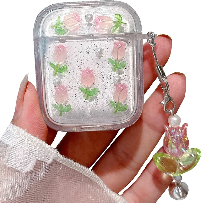 Main image of 3D Tulip for AirPods 1/2 Case with Keychain, Clear Glitter Pink Floral Design, Shockproof Protective Cover for Women Girls with Flower Charm Strap
