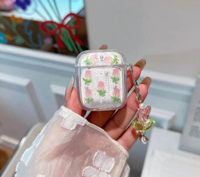 Alt view image 2 of 7 - 3D Tulip for AirPods 1/2 Case with Keychain, Clear Glitter Pink Floral Design, Shockproof Protective Cover for Women Girls with Flower Charm Strap