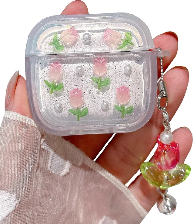 Main image of 3D Tulip for AirPods 4 AirPods 5 Case with Keychain, Clear Glitter Pink Floral Design, Shockproof Protective Cover for Women Girls with Flower Charm Strap