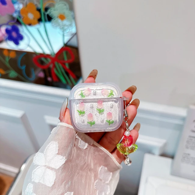 Alt view image 2 of 7 - 3D Tulip for AirPods 4 AirPods 5 Case with Keychain, Clear Glitter Pink Floral Design, Shockproof Protective Cover for Women Girls with Flower Charm Strap