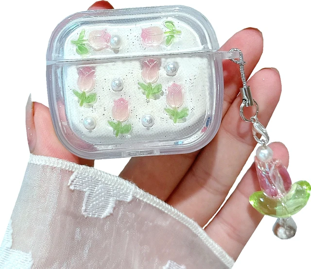 Main image of 3D Tulip for AirPods 3 Case with Keychain, Clear Glitter Pink Floral Design, Shockproof Protective Cover for Women Girls with Flower Charm Strap