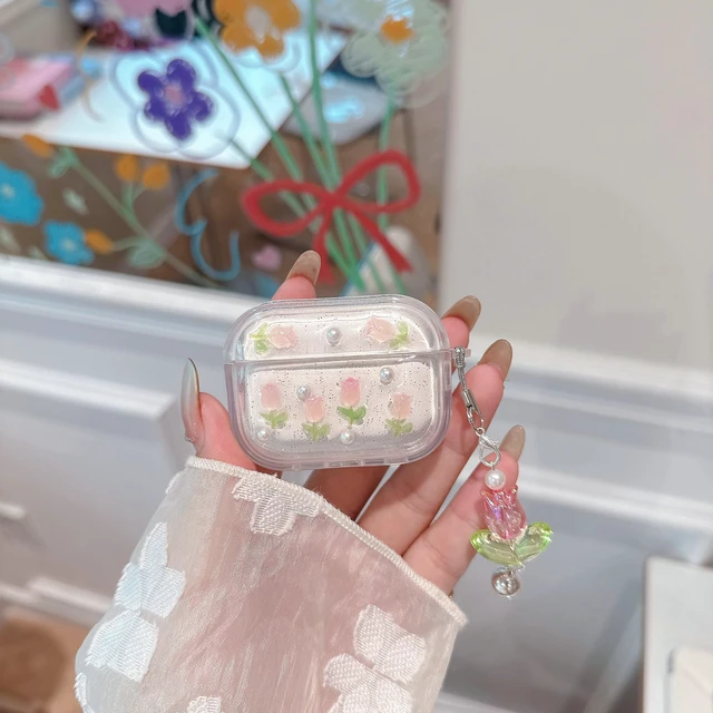 Alt view image 2 of 7 - 3D Tulip for AirPods Pro 3 Case with Keychain, Clear Glitter Pink Floral Design, Shockproof Protective Cover for Women Girls with Flower Charm Strap