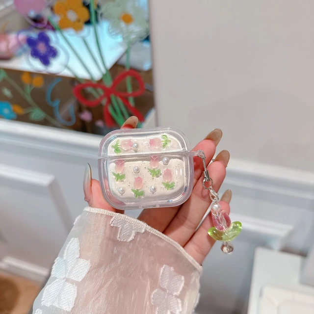 Alt view image 2 of 7 - 3D Tulip for AirPods 3 Case with Keychain, Clear Glitter Pink Floral Design, Shockproof Protective Cover for Women Girls with Flower Charm Strap