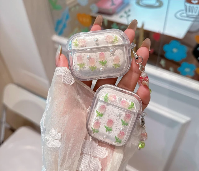 Alt view image 3 of 7 - 3D Tulip for AirPods Pro 3 Case with Keychain, Clear Glitter Pink Floral Design, Shockproof Protective Cover for Women Girls with Flower Charm Strap