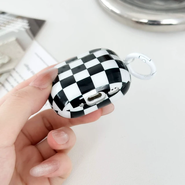 Alt view image 4 of 7 - for Airpods 4 Case Clear,Cute Checkerboard Pattern for Airpods 4 Aesthetic Retro Soft TPU for Airpods 4th Generation Case with Girly Colorful Carabiner&Cleaning Pen Women Girls-Black+White