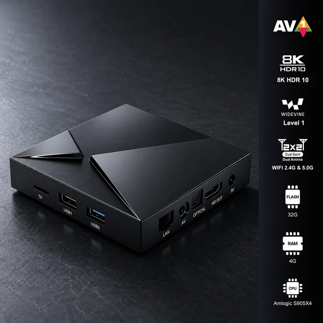 Alt view image 2 of 7 - Q11 Android TV Box with Cherry TV, Android 14, 4GB RAM 32GB Storage Gigabit Ethernet + Dual-Band Wi-Fi, 4K HDR10 + AV1, Secure DRM + Voice Remote + Casting, HDMI 2.1 max to 4K60 output