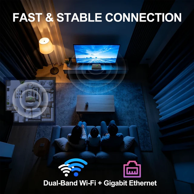 Alt view image 4 of 7 - Q11 Android TV Box with Cherry TV, Android 14, 4GB RAM 32GB Storage Gigabit Ethernet + Dual-Band Wi-Fi, 4K HDR10 + AV1, Secure DRM + Voice Remote + Casting, HDMI 2.1 max to 4K60 output