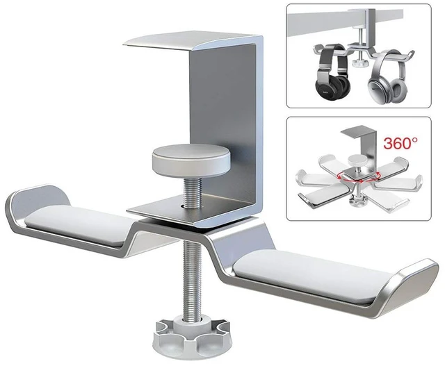 Main image of Dual Rotatable Headphone Stand Hanger Under Desk Clamp Headphone Holder Aluminum, 11lb Load Capacity, Compatible with Universal Headphones, Silver 6A-13SV