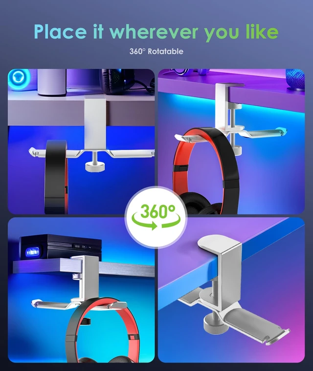 Alt view image 3 of 6 - Dual Rotatable Headphone Stand Hanger Under Desk Clamp Headphone Holder Aluminum, 11lb Load Capacity, Compatible with Universal Headphones, Silver 6A-13SV