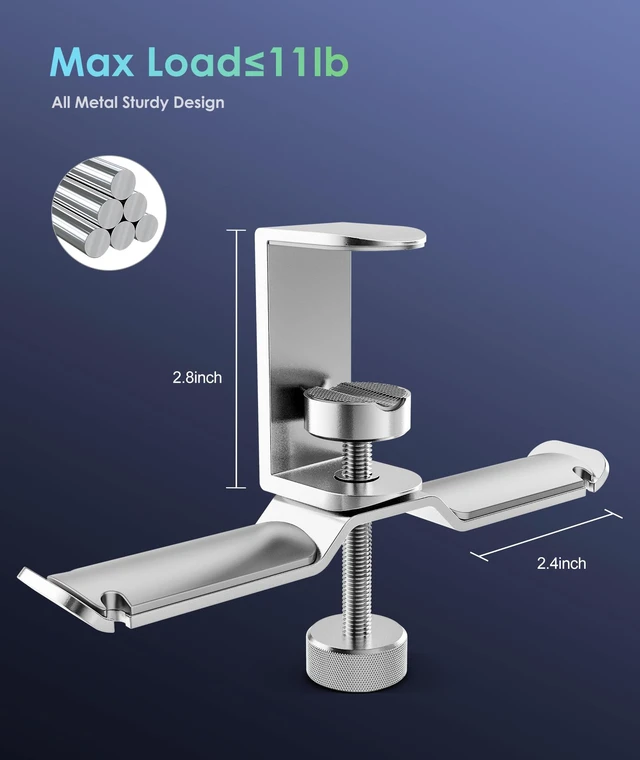 Alt view image 4 of 6 - Dual Rotatable Headphone Stand Hanger Under Desk Clamp Headphone Holder Aluminum, 11lb Load Capacity, Compatible with Universal Headphones, Silver 6A-13SV