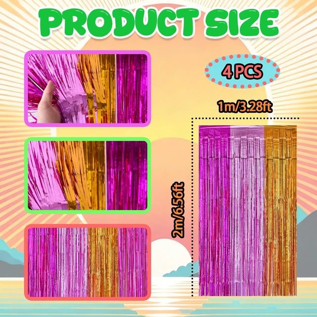 Alt view image 3 of 5 - 4 Pack Hawaiian Fringe Backdrop Birthday Decorations, 3.2x6.6ft Peach Pink and Orange Hawaiian Foil Fringe Curtains Photo Booth Props Tropical Birthday Party Decorations Supplies Favors for Women