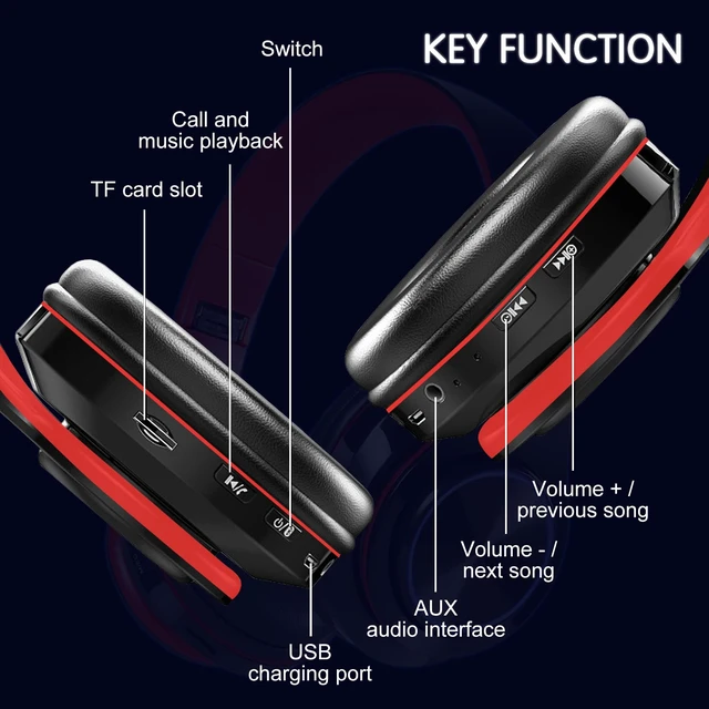 Alt view image 3 of 7 - Bluetooth Wireless Over Ear Headphones, HiFi Stereo Sound Foldable Headset,Colorful LED Lights Headphones with Built-in Mic,Wired for School/Tablet Computer/PC/TV/Cellphones/Travel (Black Red)