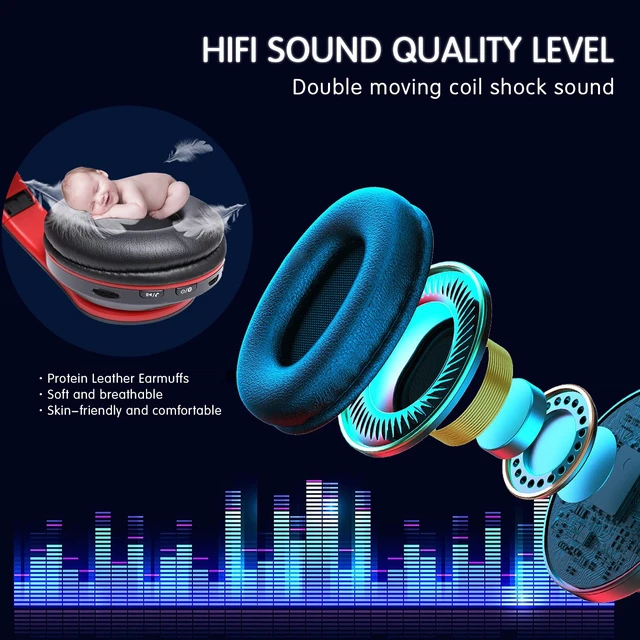 Alt view image 5 of 7 - Bluetooth Wireless Over Ear Headphones, HiFi Stereo Sound Foldable Headset,Colorful LED Lights Headphones with Built-in Mic,Wired for School/Tablet Computer/PC/TV/Cellphones/Travel (Black Red)