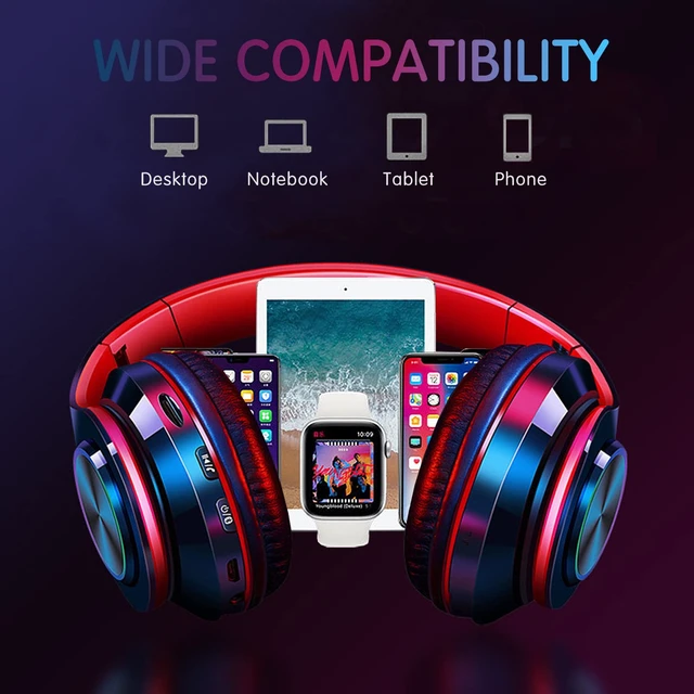 Alt view image 6 of 7 - Bluetooth Wireless Over Ear Headphones, HiFi Stereo Sound Foldable Headset,Colorful LED Lights Headphones with Built-in Mic,Wired for School/Tablet Computer/PC/TV/Cellphones/Travel (Black Red)