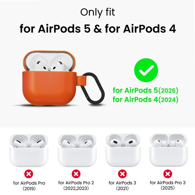 Alt view image 2 of 7 - Vegan Leather for AirPods 5 Case & for AirPods 4 Case, Orange Timeless Style, Everyday Protection - Classic Leather Look, Front LED Visible, Carabiner Included, Easy to Install & Remove
