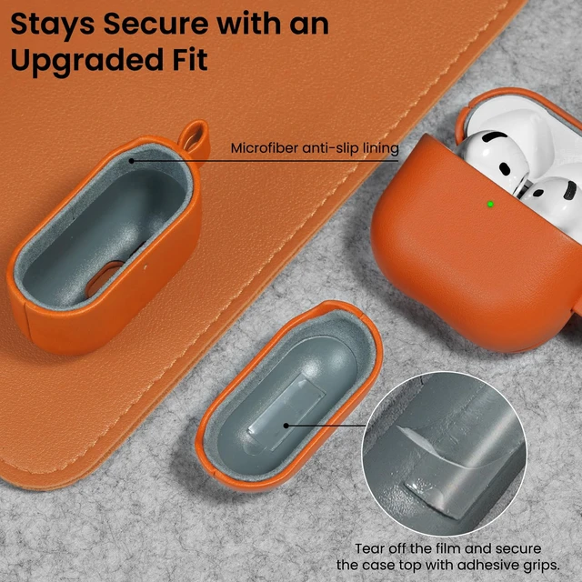 Alt view image 6 of 7 - Vegan Leather for AirPods 5 Case & for AirPods 4 Case, Orange Timeless Style, Everyday Protection - Classic Leather Look, Front LED Visible, Carabiner Included, Easy to Install & Remove