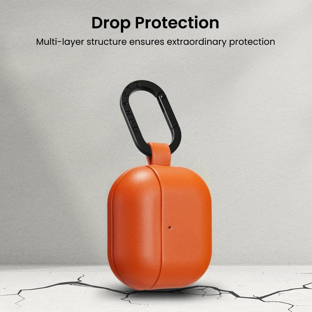 Alt view image 5 of 7 - Vegan Leather for AirPods 5 Case & for AirPods 4 Case, Orange Timeless Style, Everyday Protection - Classic Leather Look, Front LED Visible, Carabiner Included, Easy to Install & Remove