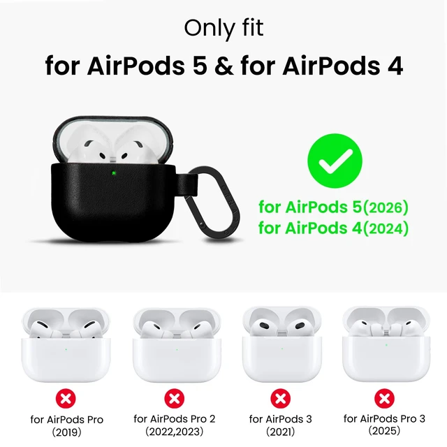 Alt view image 2 of 7 - Vegan Leather for AirPods 5 Case & for AirPods 4 Case, Black Timeless Style, Everyday Protection - Classic Leather Look, Front LED Visible, Carabiner Included, Easy to Install & Remove