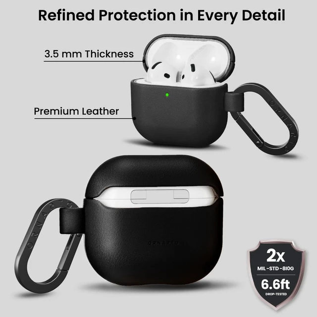 Alt view image 3 of 7 - Vegan Leather for AirPods 5 Case & for AirPods 4 Case, Black Timeless Style, Everyday Protection - Classic Leather Look, Front LED Visible, Carabiner Included, Easy to Install & Remove