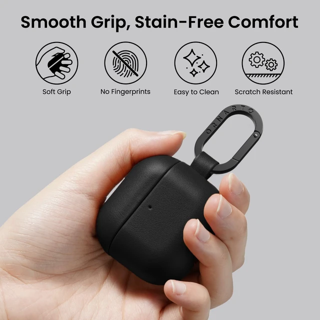Alt view image 4 of 7 - Vegan Leather for AirPods 5 Case & for AirPods 4 Case, Black Timeless Style, Everyday Protection - Classic Leather Look, Front LED Visible, Carabiner Included, Easy to Install & Remove