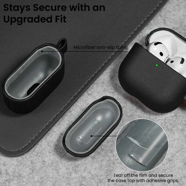 Alt view image 6 of 7 - Vegan Leather for AirPods 5 Case & for AirPods 4 Case, Black Timeless Style, Everyday Protection - Classic Leather Look, Front LED Visible, Carabiner Included, Easy to Install & Remove