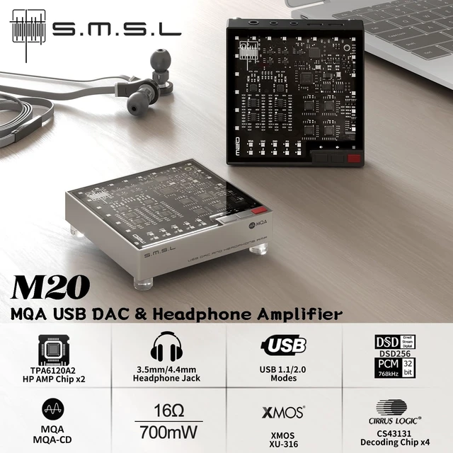Alt view image 2 of 7 - SMSL M20 MQA DAC Headphone Amplifier 4* CS43131 DAC Chip Gaming Decoder USB1.1 /2.0 XU316 768kHz/32Bit DSD256 PCM Filter USB DAC 3.5mm & 4.4mm Headphone Amp Audio Decoder Silver