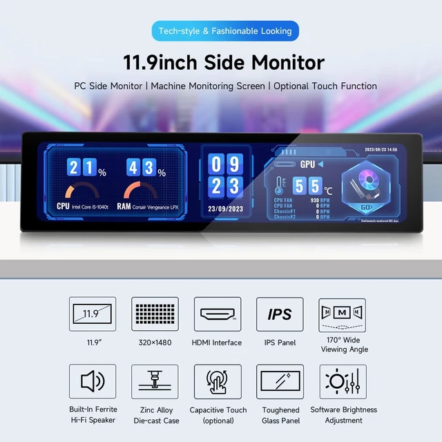 Alt view image 3 of 7 - 11.9inch IPS Display, Compatible with Raspberry Pi 5/4B/3B+/3A+/2B/B+/A+/Zero/Zero W/WH/Zero 2W CM3+/4, 5-Point Touch, No Driver Required, with Touch Function