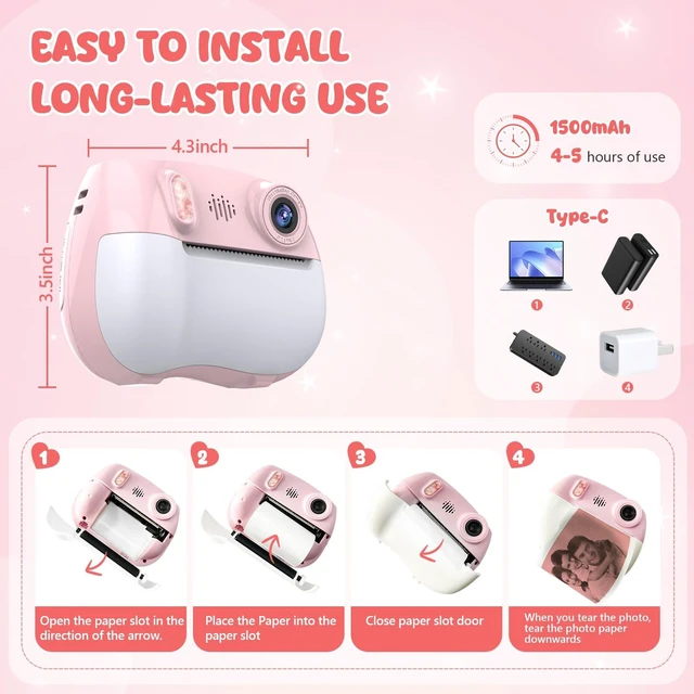 Alt view image 7 of 7 - Kids Camera Instant Print 1080P Front Rear Dual Selfie - Toddler Cameras with Digital Video Games,32GB & 5-Colored Print Paper/ 250 Photos,Easy to Use & Great Toys Gifts for Boys Girls, Ages 3-12