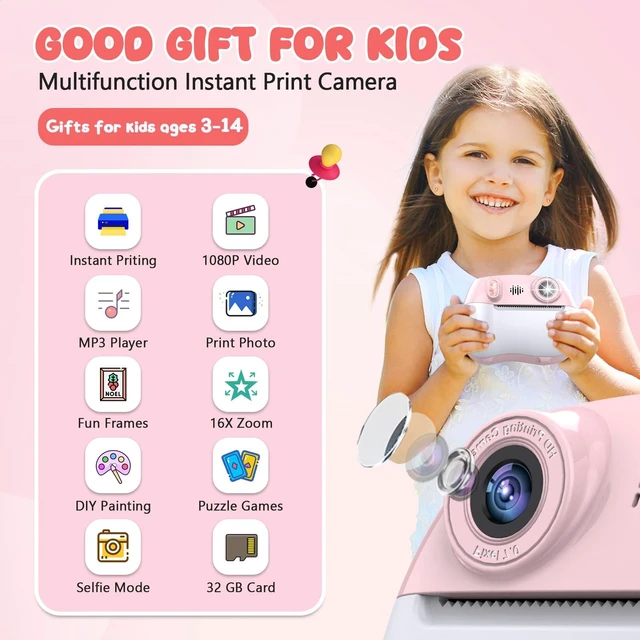 Alt view image 2 of 7 - Kids Camera Instant Print 1080P Front Rear Dual Selfie - Toddler Cameras with Digital Video Games,32GB & 5-Colored Print Paper/ 250 Photos,Easy to Use & Great Toys Gifts for Boys Girls, Ages 3-12
