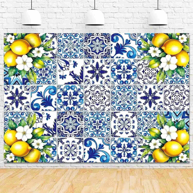 Main image of 8x6ft Blue White Lemon Backdrop Birthday Decorations Summer Italian Blue Tiles Lemon Themed Party Decor Props for Bridal Shower Baby Shower Photography Background