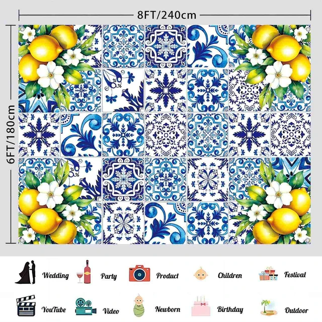 Alt view image 3 of 7 - 8x6ft Blue White Lemon Backdrop Birthday Decorations Summer Italian Blue Tiles Lemon Themed Party Decor Props for Bridal Shower Baby Shower Photography Background