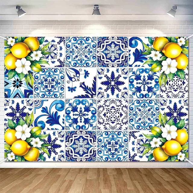 Alt view image 2 of 7 - 7x5ft Blue White Lemon Backdrop Birthday Decorations Summer Italian Blue Tiles Lemon Themed Party Decor Props for Bridal Shower Baby Shower Photography Background