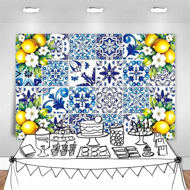 Alt view image 5 of 7 - 7x5ft Blue White Lemon Backdrop Birthday Decorations Summer Italian Blue Tiles Lemon Themed Party Decor Props for Bridal Shower Baby Shower Photography Background