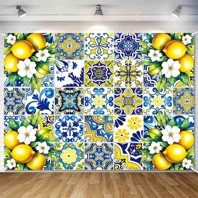 Alt view image 2 of 7 - 8x6ft Blue Yellow Lemon Backdrop Party Decorations Summer Italian Blue Tiles Capri Lemon Themed Party Decor for Bridal Shower Birthday Photography Background Photo Booth Props