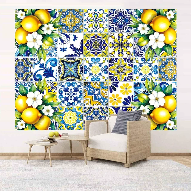 Alt view image 4 of 7 - 8x6ft Blue Yellow Lemon Backdrop Party Decorations Summer Italian Blue Tiles Capri Lemon Themed Party Decor for Bridal Shower Birthday Photography Background Photo Booth Props