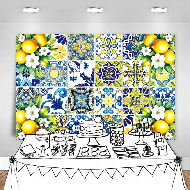 Alt view image 5 of 7 - 8x6ft Blue Yellow Lemon Backdrop Party Decorations Summer Italian Blue Tiles Capri Lemon Themed Party Decor for Bridal Shower Birthday Photography Background Photo Booth Props