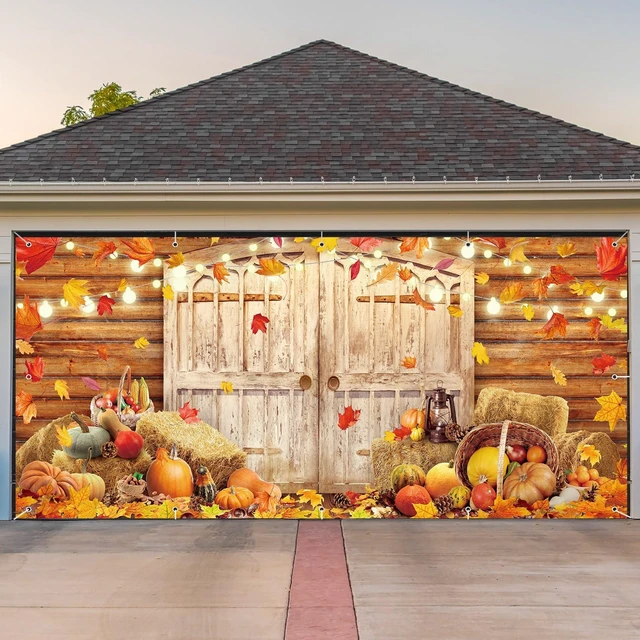 Main image of 8 x 16 ft Fall Garage Door Banner Thanksgiving Barn Decor Harvest Pumpkin, Hanging Backdrop Cover, with Grommets, Rope, Autumn Holiday Party Decor, Photo Studio Prop, for Wall, House