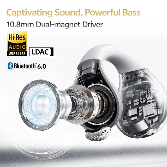 Alt view image 2 of 7 - Crossky C30S Open Ear Earbuds Bluetooth 6.0, LDAC Hi-Res Audio Spatial Sound, Fast Charging, Dual Connection, IPX5 Waterproof, Ultra-Comfort