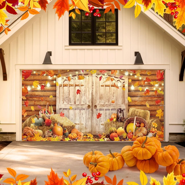 Alt view image 6 of 6 - 8 x 16 ft Fall Garage Door Banner Thanksgiving Barn Decor Harvest Pumpkin, Hanging Backdrop Cover, with Grommets, Rope, Autumn Holiday Party Decor, Photo Studio Prop, for Wall, House
